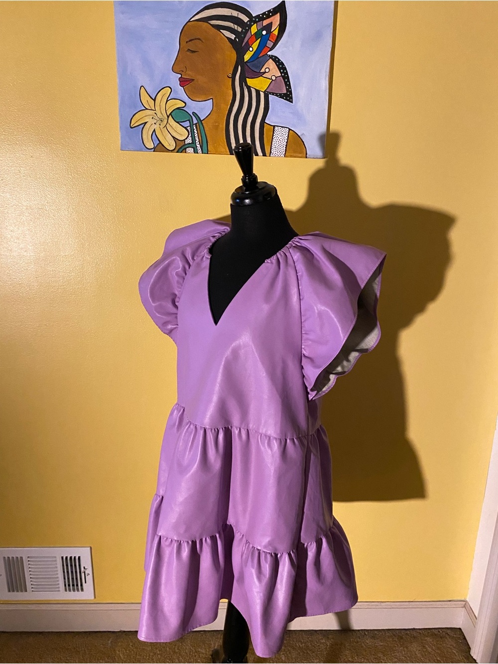 Lilac, Faux Leather, Baby Doll Midi-Dress